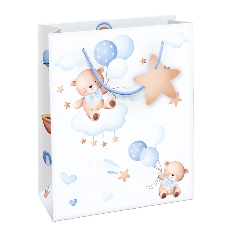 GESCHENKZAK Baby Boy L, blauw/ wit, beertjes met ballonnnen, papier, 31x22x10 cm