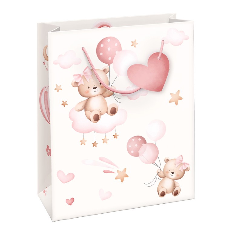 GESCHENKZAK Baby Girl L, roze/wit, beertjes met ballonnnen, papier, 31x22x10 cm