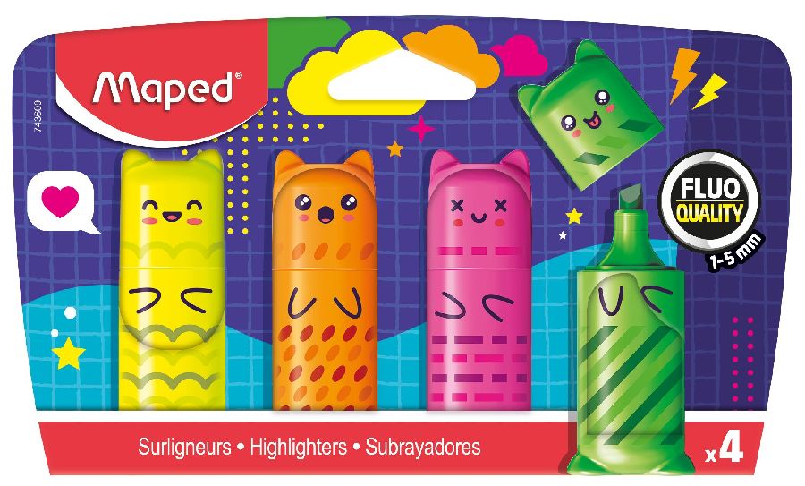 TEKSTMARKER Fluo Peps, Mini classic, Kawai, set van 4, kartonnen BLISTER