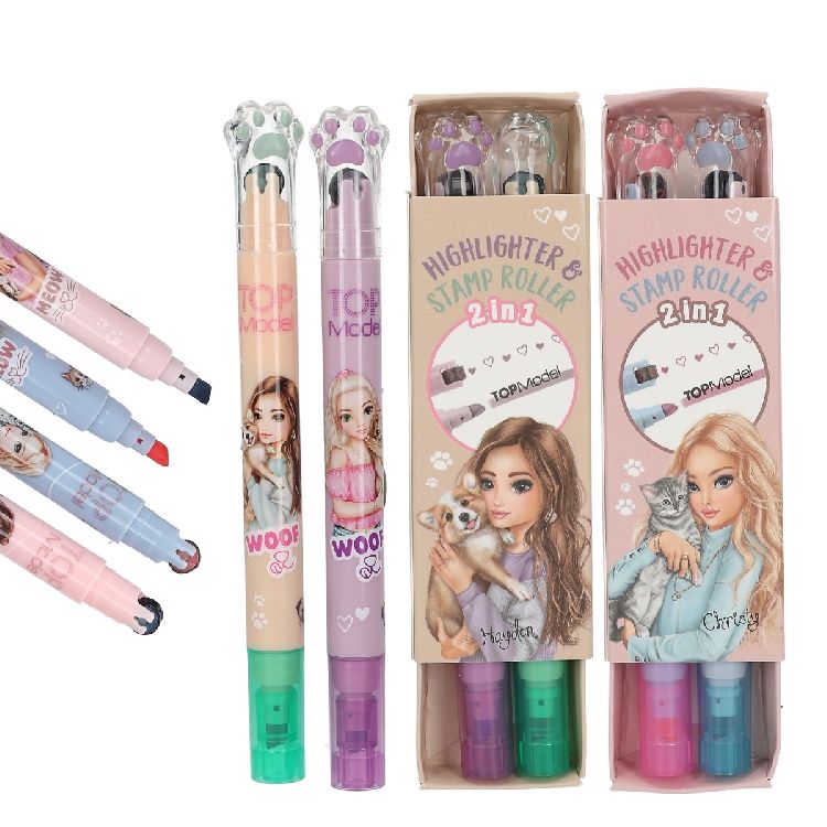 MARKEERSTIFT Topmodel, tekstmarker en  stempelroller, 2st, groen-paars/roze- blauw, assortiment