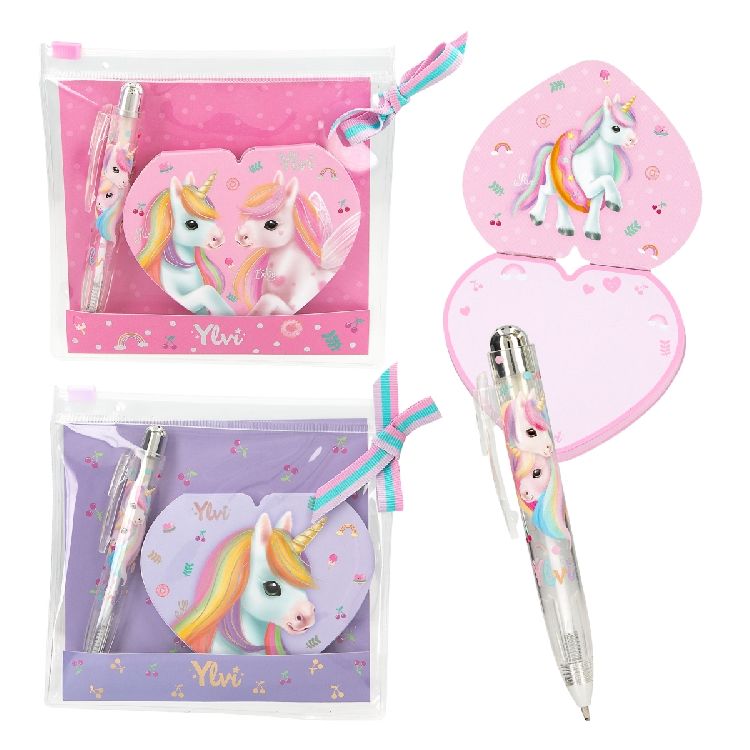 SCHRIJFSET 1st, Ylvi, roze/paars, etui  met blokje en balpen, assortiment