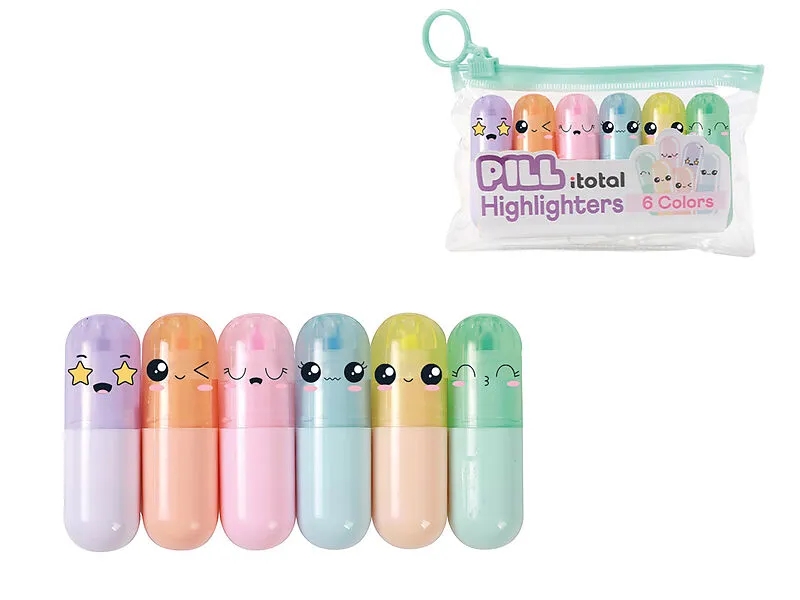 TEKSTMARKER Mini highliters Pill Macaron, set van 6st, etui, multikleur