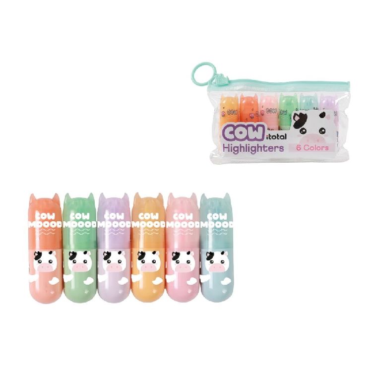 TEKSTMARKER Mini highliters cow Macaron, set van 6st, etui, multikleur