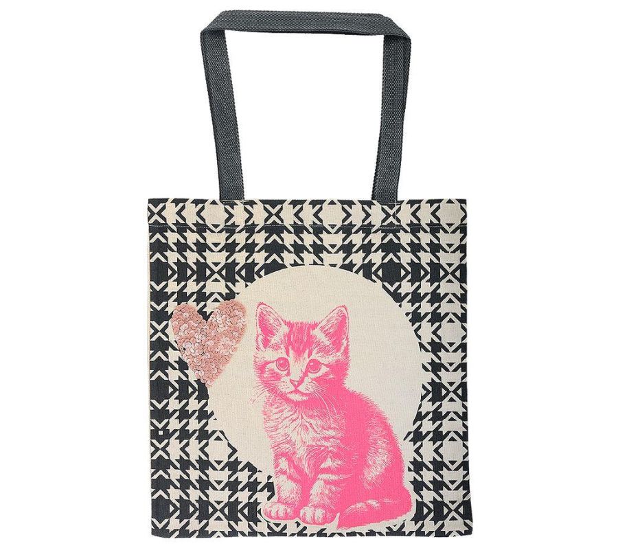 SHOPPER 1st, Easybag Baumwolle, 35x38cm, katze, zwart/ecru/roze
