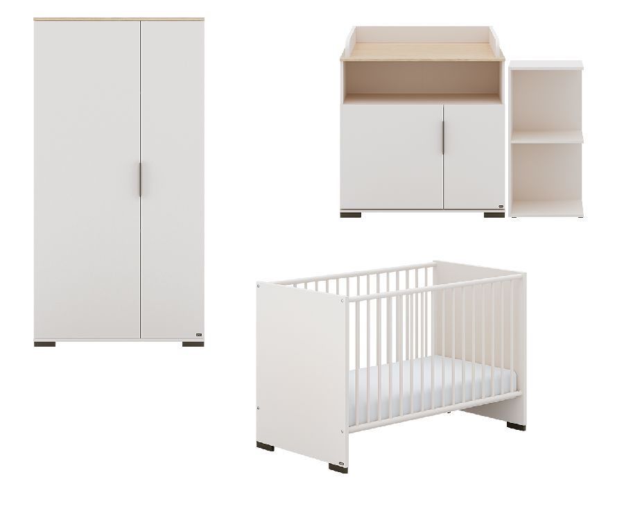 Kamer Suzie bruin/ecru, off white-scandinavian wood 5 delig: babybed/commode/commodeverdieper/kast/vakkenkast