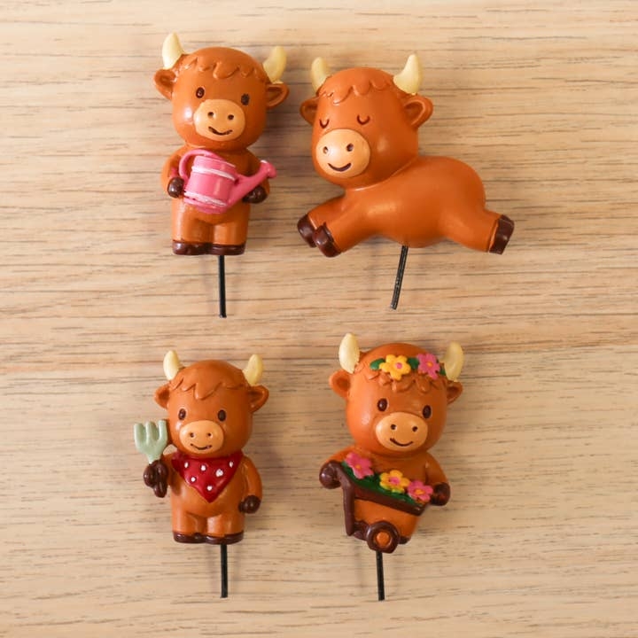 BEELD Plantenpot decoratie - Highland Cow, bruin, set van 4 stuks
