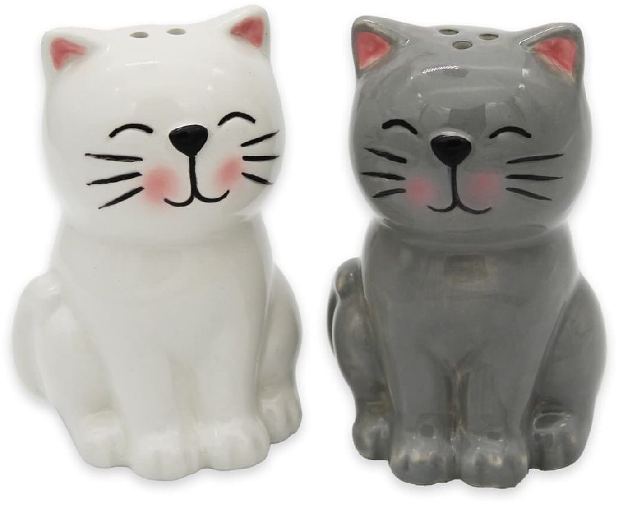 PEPER- EN ZOUTVAT Cat salt & pepper shakers, wit/grijs, ceramiek, keukengerei