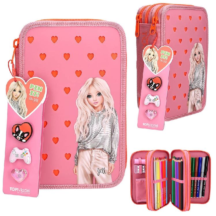 PENNENZAK gevuld, 3 Vaks Etui met pins, roze, hartjes/meisje, polyester