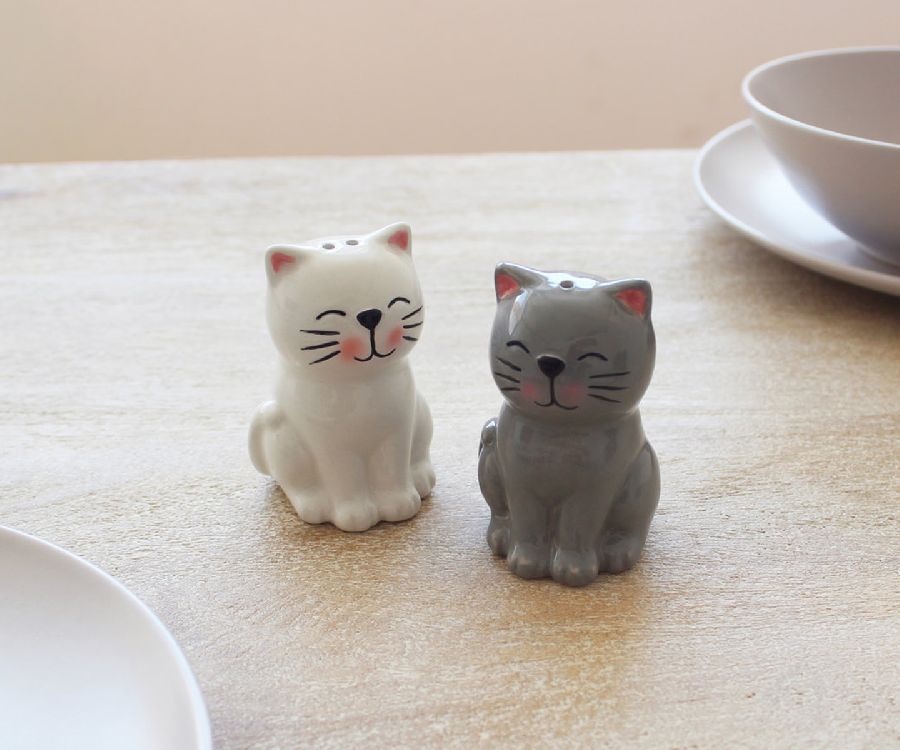 PEPER- EN ZOUTVAT Cat salt & pepper shakers, wit/grijs, ceramiek, keukengerei