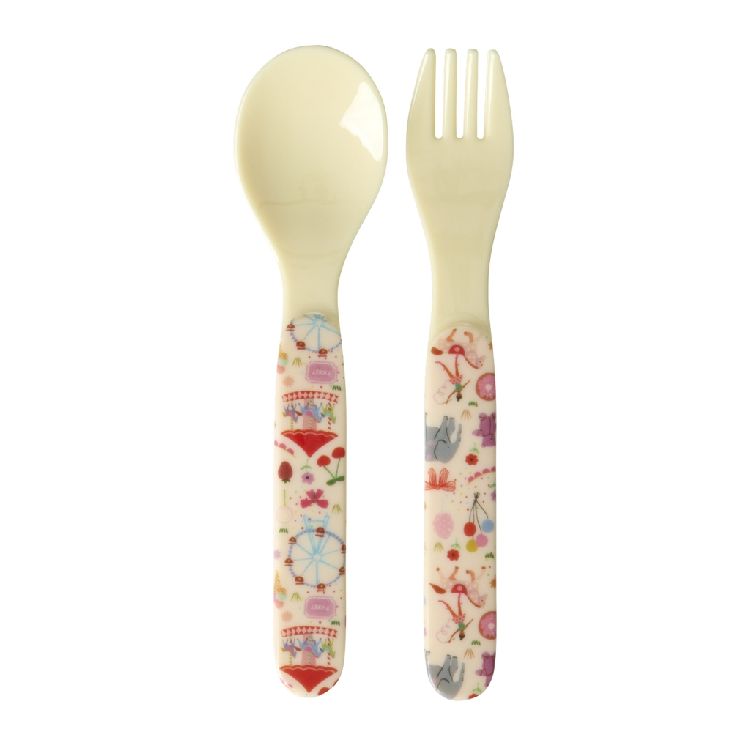 Bestek Rice Baby Spoon and Fork, lepel/vork | Pink Fun Fair Print