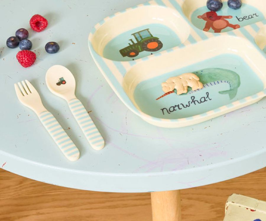 Bestek Rice Baby Spoon and Fork, lepel/vork | Blue ABC Print